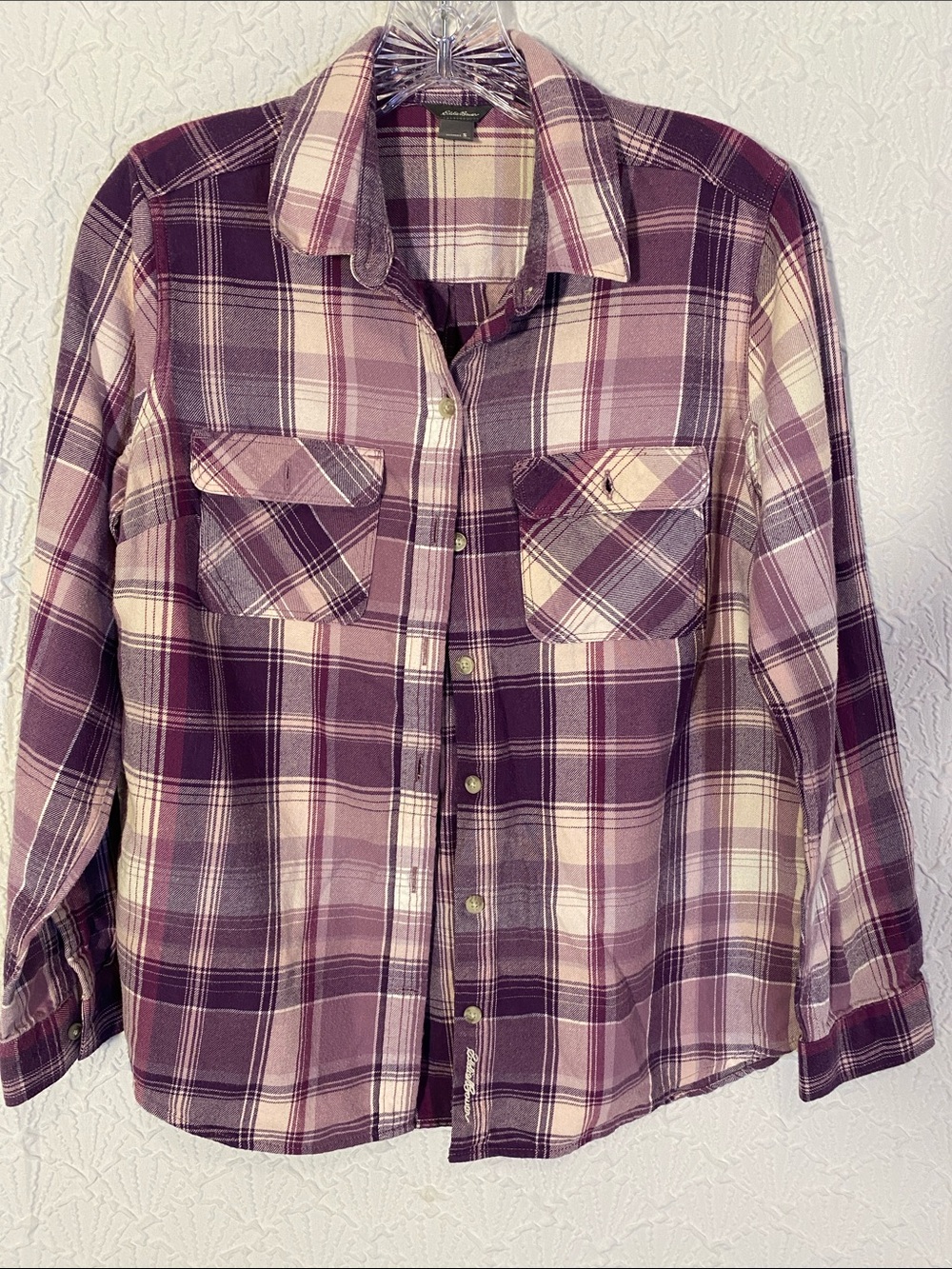 Eddie Bauer Purple and Cream Plaid Button-Down women’s flannel Cabincore Earthy